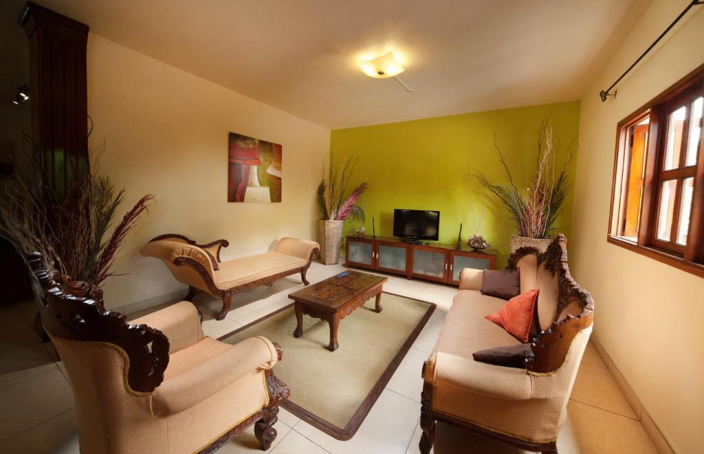 Mūsdienīgs viesistabas interjers ar elegantiem dīvāniem, koka mēbelēm un zaļganu sienu, kas rada mājīgu atmosfēru. Telpā ir arī televizors un dekoratīvi augi.