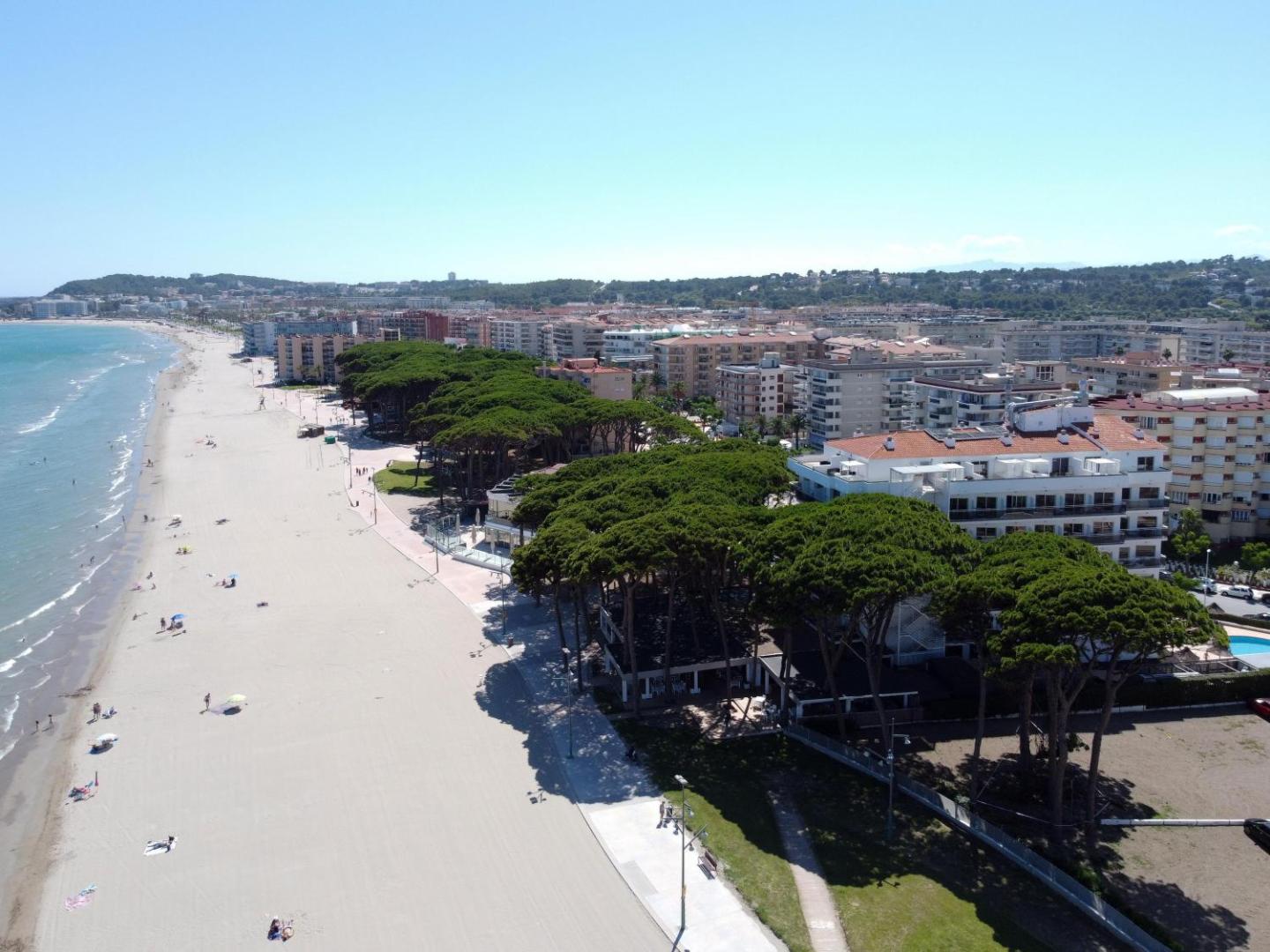 Aerofoto skats uz Best Terramarina viesnīcu un plašo smilšu pludmali La Pinedā — piekrastes līnija ar priežu audzēm un pilsētas panorāmu.