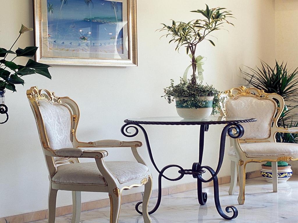 Eleganta viesistaba ar divām dekoratīvām krēsliem un stilīgu metāla galdu, ap katru stūri ir zaļas istabas augu kompozīcijas. Fons papildina krāšņa ainava.