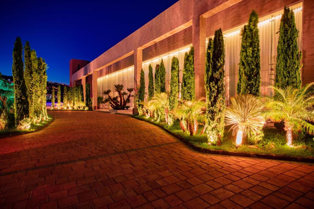 Viesnīcas Baia Bodrum ieeja ar apgaismotām palmām un ciedriem piekrastē