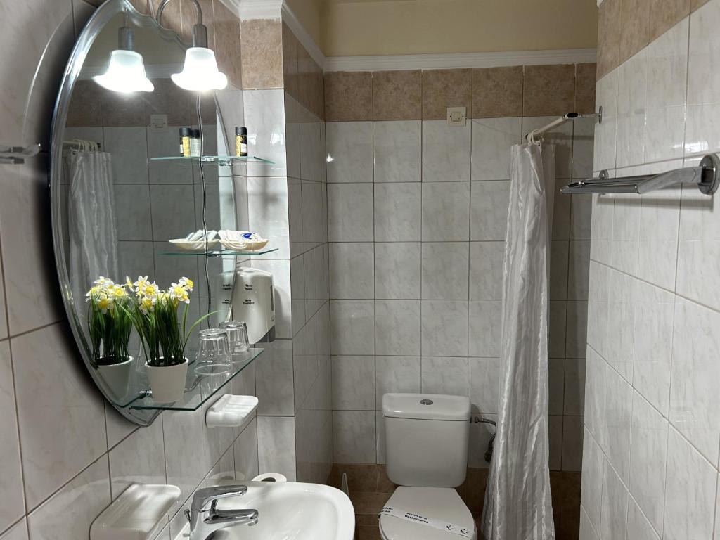 Mūsdienīga vannas istaba ar gaišiem flīzēm, spoguli un dekoratīvām ziedu kompozīcijām. Vannas istabā ir duša, izlietne un tualete, kas nodrošina komfortu un funkcionalitāti.