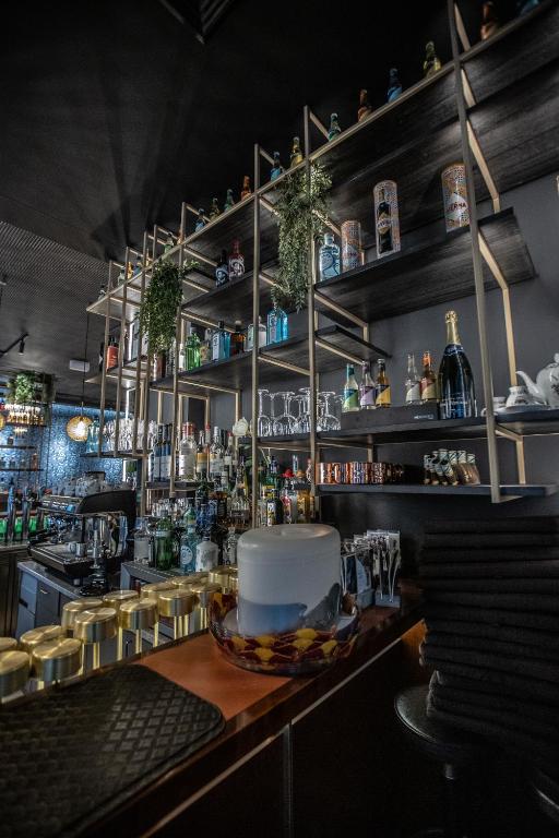 Moderns bārs ar elegantu interjeru, kurā redzami daudzveidīgi dzērieni un glāzes. Plaukti ar augiem un dekoratīviem elementiem piešķir telpai dzīvīgumu.