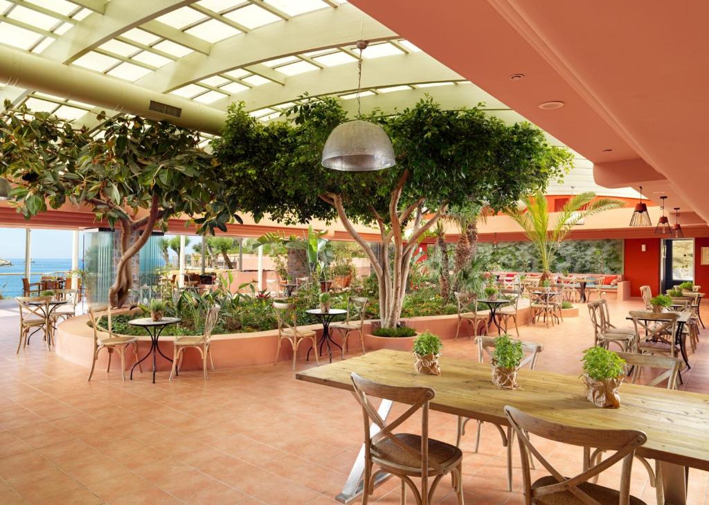 Gaiša restorāna telpa ar augiem un skatu uz jūru.