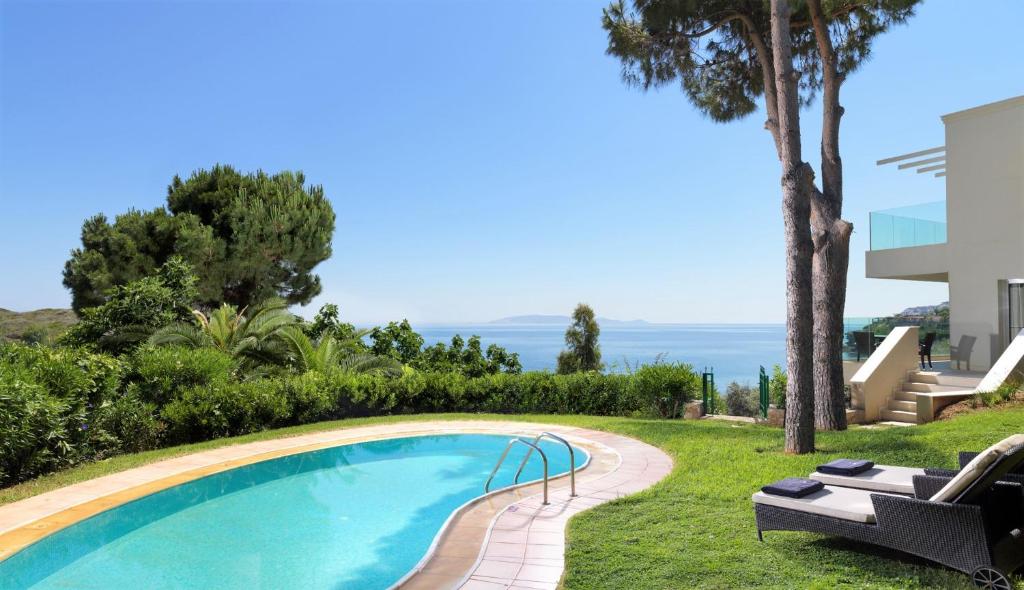 Baseins ar skatu uz jūru un zaļu dārzu