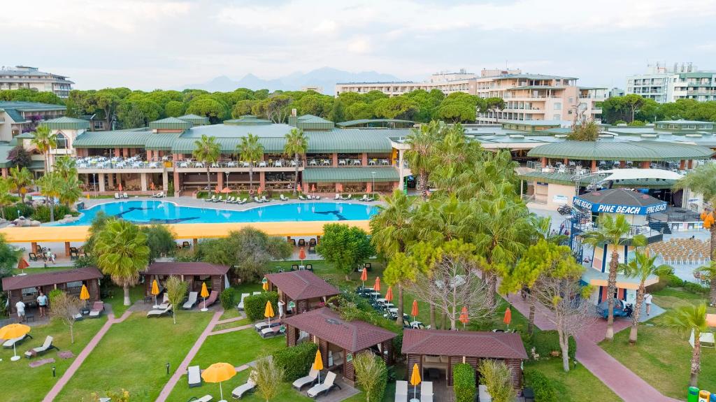 Pine Beach Belek viesnīcas baseins un apkārtējā teritorija ar palmām