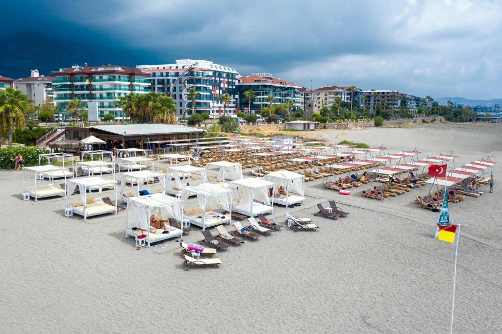 Michell Hotel & Spa pludmales zona ar gultām un šezlongiem