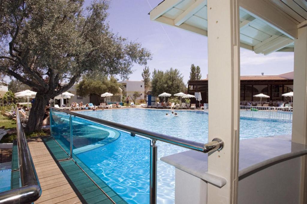 Lydia Maris Resort & Spa baseins ar sauļošanās zonu un olīvkoku