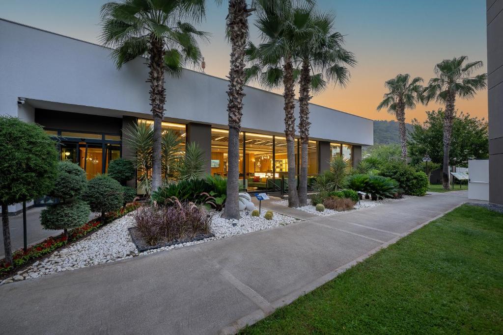 Sailor’s Beach Club ieeja ar palmu kokiem un zaļiem dārziem