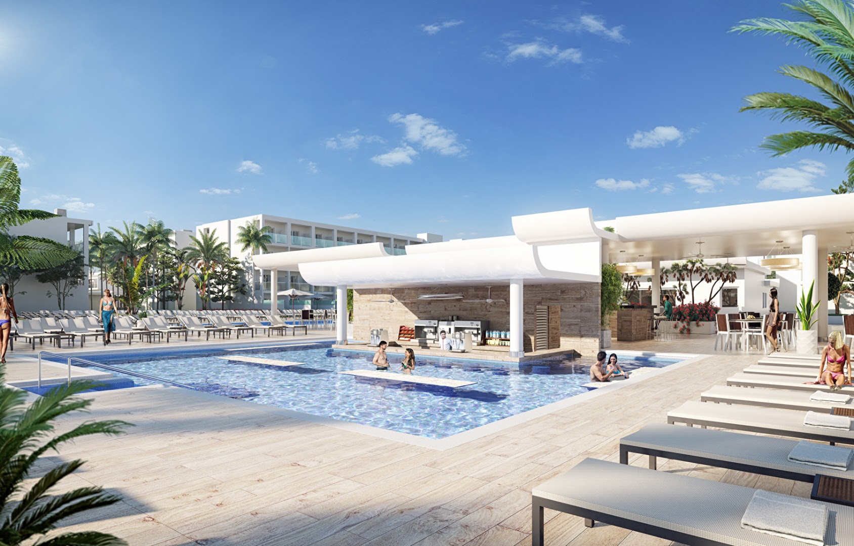 RIU Palace Phuket plašā āra baseina zona ar bāru ūdenī, atpūtas krēsliem un modernu arhitektūru Puketā, Taizemē
