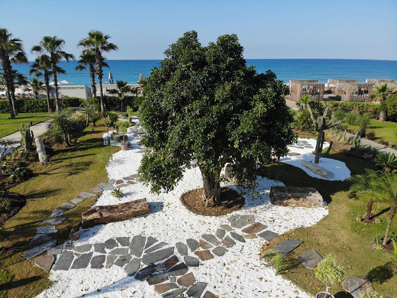Dārzs ar lielu koku, apkārt akmeņu takām un baltiem oļiem, skats uz jūru fona. panoramic view with beach and pools