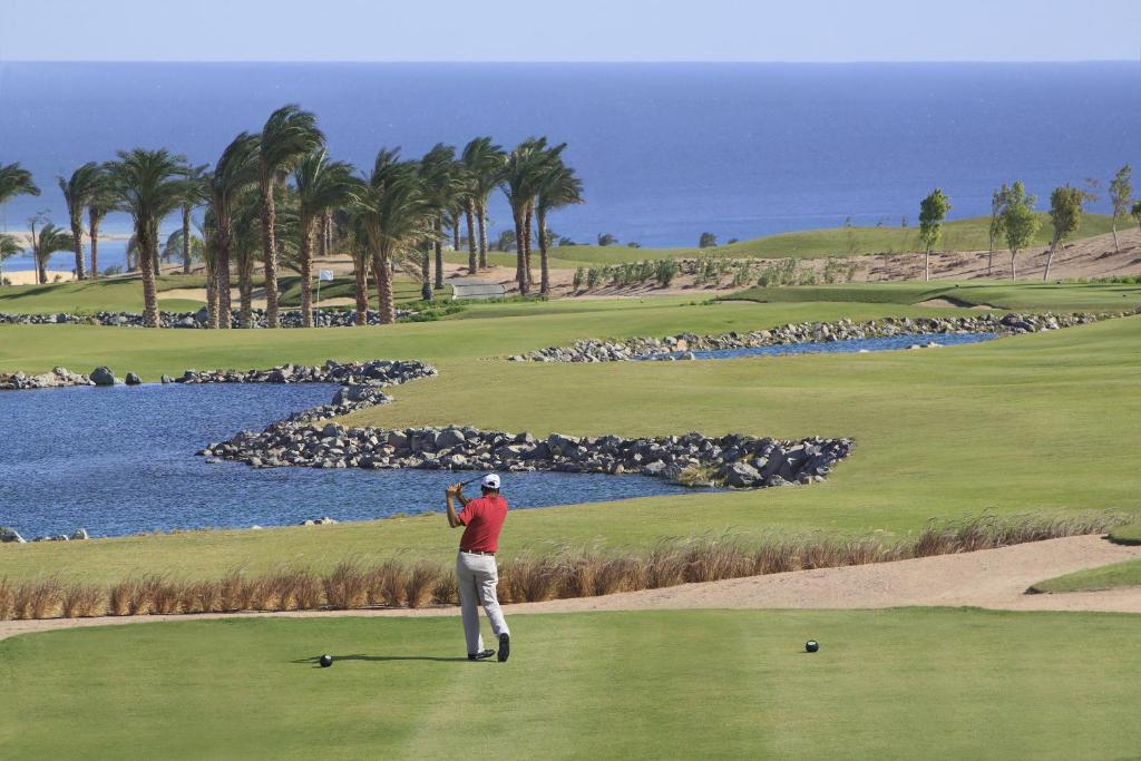 Golfa laukums pie Steigenberger Makadi, ar skatu uz jūru un palmām.