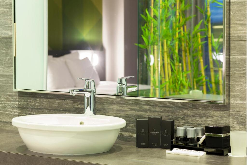 Mūsdienīga vannas istaba ar spoguli un augstas kvalitātes higiēnas līdzekļiem Bosphorus Sorgun Hotel.