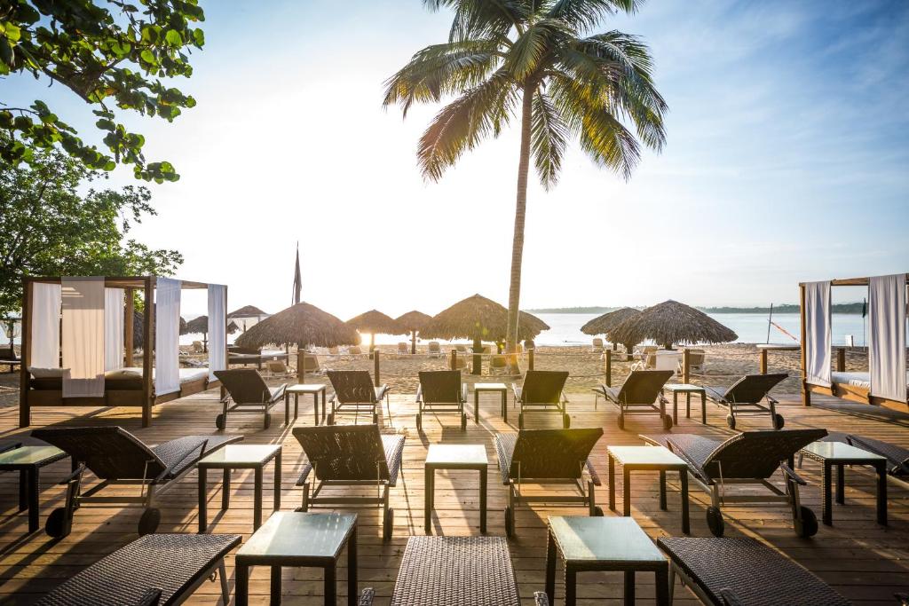 Tropu pludmales ainava ar sauļošanās krēsliem, palmu kokiem un salmu jumtiem, kas izceļ saulainu horizontu. Ideāla vieta atpūtai un relaksācijai.