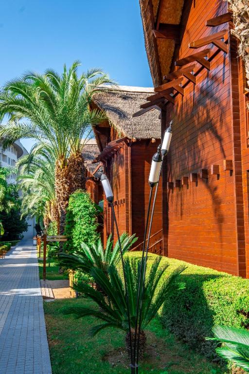 Tropu ainava pie Long Beach Resort ar palmu kokiem un koka struktūru.