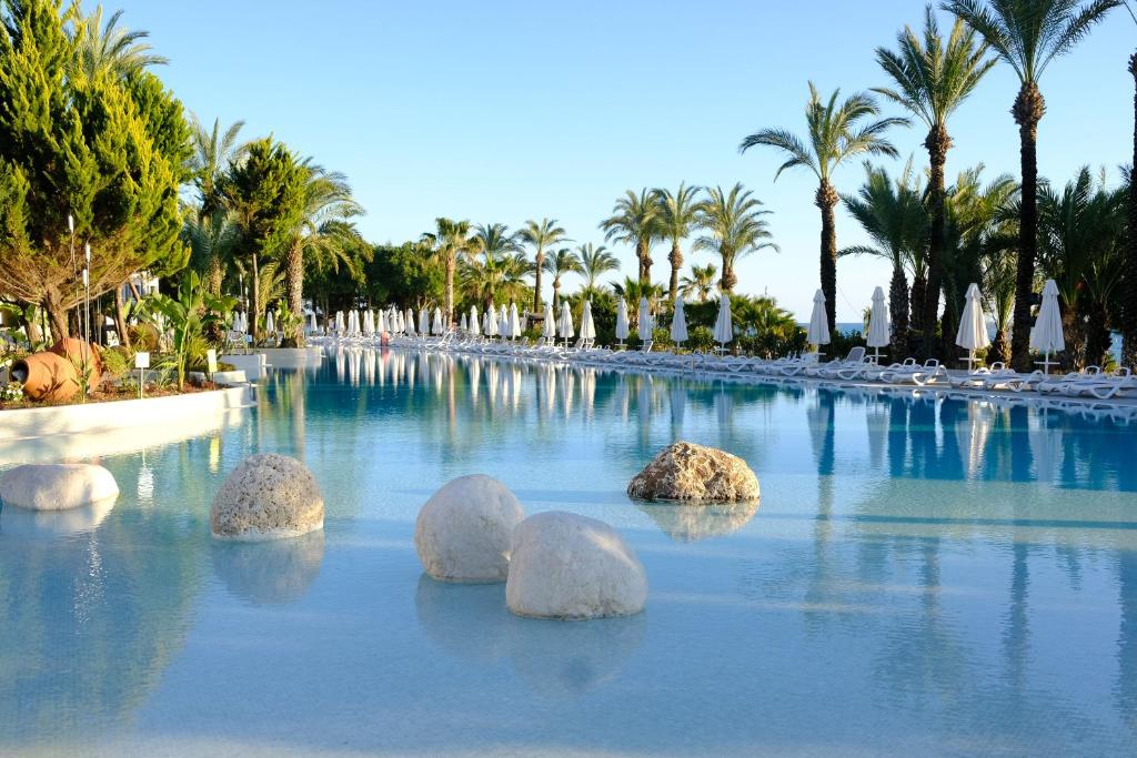 Lielisks skats uz baseinu un palmu aleju viesnīcā Paloma Perissia.