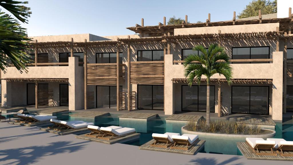 Mūsdienīga arhitektūra ar baseinu un atpūtas zonām, kas ieskauta zaļumiem, radot relaksējošu atmosfēru. Ideāla vieta brīvdienām pie ūdens.