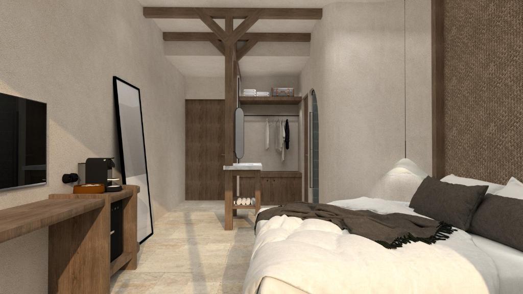 Mūsdienīgs guļamistabas interjers ar koka akcentiem un neitrālām krāsām, kas rada mierīgu atmosfēru. Telpas centrā atrodas ērta gulta ar mīkstām spilveniem, blakus ir televizors un tērpu uzglabāšanas plaukts.