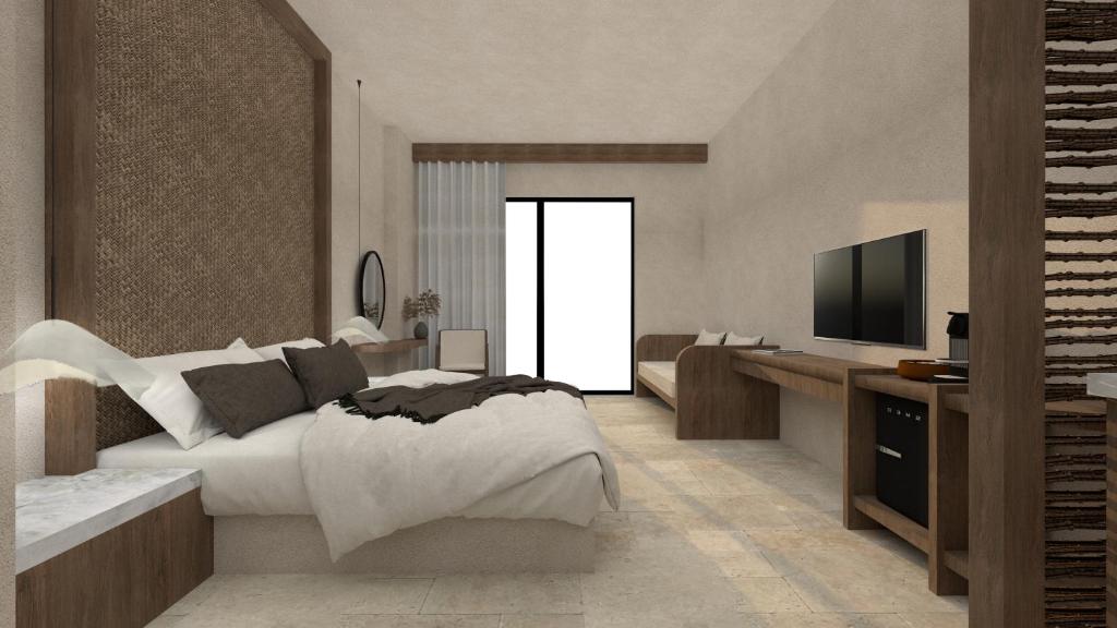 Mūsdienīgs viesnīcas numurs ar divām gultām, dabīgām krāsām un koka mēbelēm, radot relaksējošu atmosfēru. Interjers ietver televizoru un minimālisma stila dekoru.