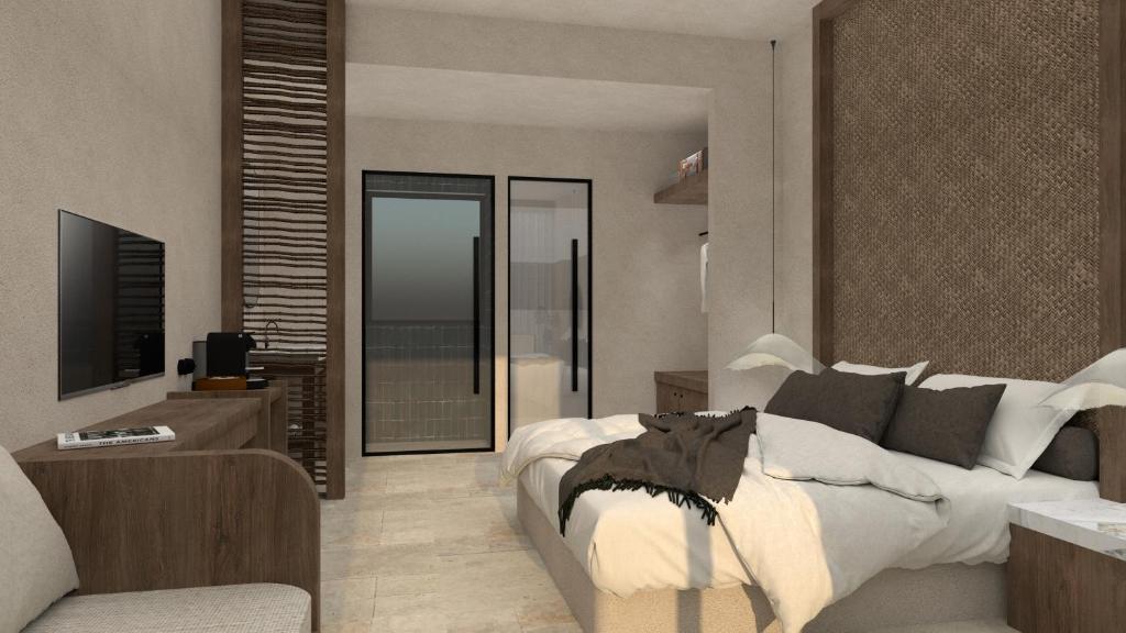 Mūsdienīgs viesnīcas numurs ar ērtu gultu, televizoru un stikla durvīm, kas ved uz balkonu. Interjerā izmantoti dabīgi materiāli un siltas krāsas, radot mājīgu atmosfēru.