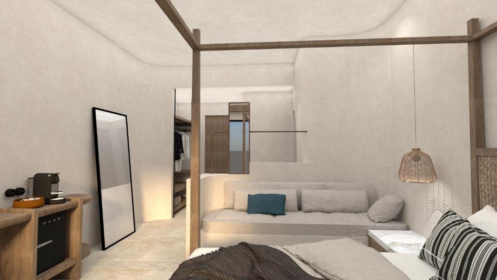 Mūsdienīgs guļamistabas interjers ar gaišām sienām, koka elementiem un ērtu dīvānu. Telpā ir liels spogulis un kafijas automāts, radot viesmīlīgu atmosfēru.