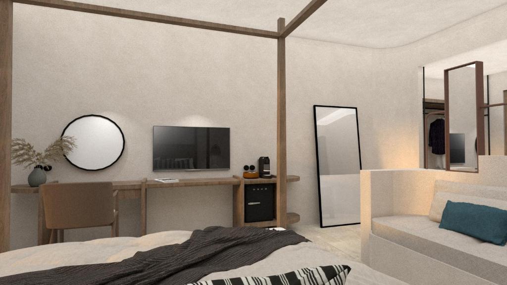 Mūsdienīgs guļamistabas interjers ar koka elementiem, televizoru un rakstāmgaldu. Telpa ir gaiša un eleganta, radot komfortablu atmosfēru.