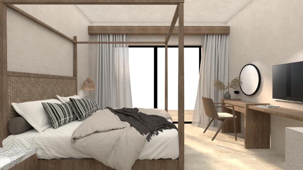 Mūsdienīgs guļamistabas interjers ar koka gultu un rakstāmgaldu, kurā ir neitrālas krāsas un dabīgas tekstūras. Telpā ir plaši logi, kas sniedz daudz gaismas.