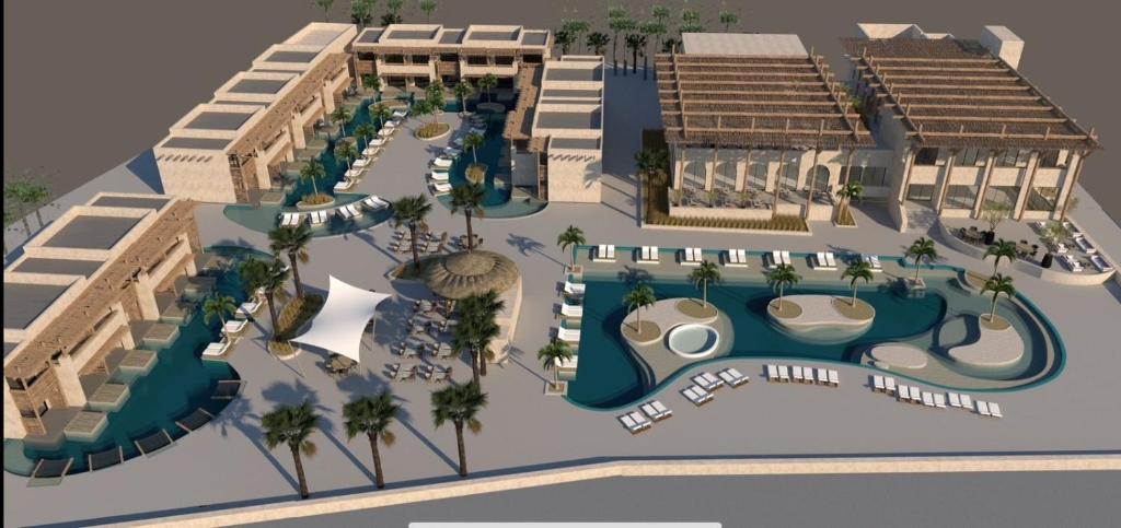 Mūsdienīgs kūrorta plānojums ar baseinu, palmām un luksusa viesnīcām. Dizains ietver pievilcīgas atpūtas zonas un ērtus sēdvietas.