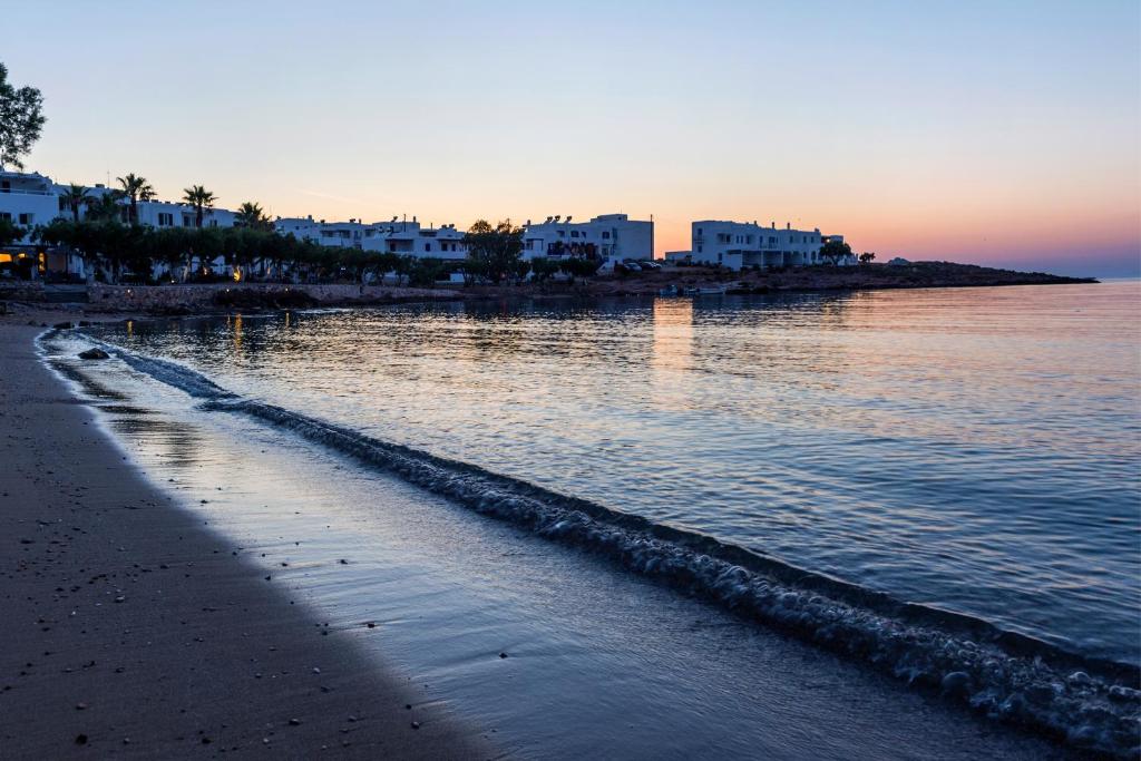 Piekrasna pludmale ar mierīgiem ūdeņiem un mājīgām ēkām fona, kas apgaismoti saulrietā. Rāmā atmosfēra un dabiska ainava veido relaksējošu skatu.