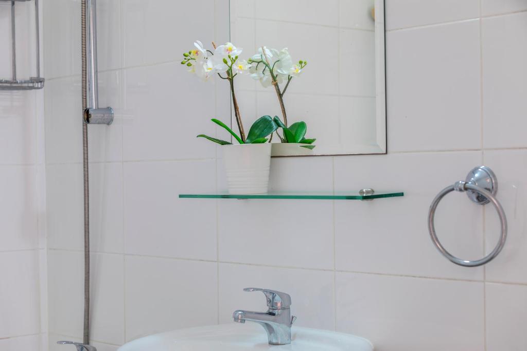 Vannas istabas interjers ar baltām flīzēm un stikla plauktu, uz kura atrodas orhideja podiņā. Redzama arī spogulis un higiēnas piederumi.