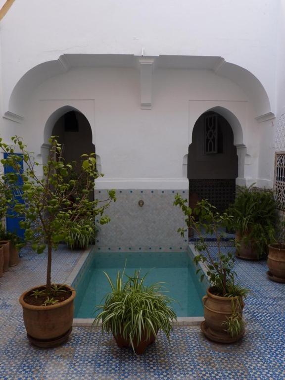 Skaisti iekšējā dārza skats ar baseinu un dekoratīvām augiem podos, izceltā ar tradicionālo arābu arhitektūru.