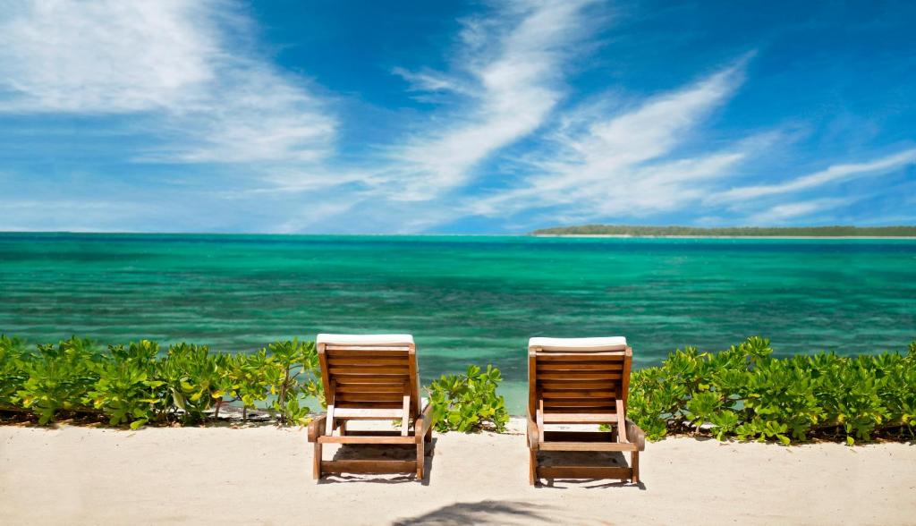 Divas guļamkrēsli pie pludmales, ar skatu uz gaiši zilo okeānu un zālaugu krastu. Ideāla vieta atpūtai un relaksācijai.