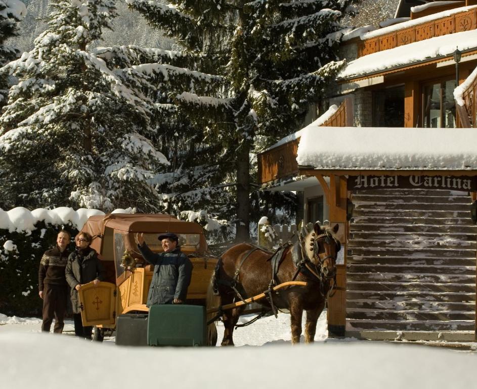 Ziemas ainava ar viesmīlīgu viesnīcu "Hotel Carlina", kurā redzami cilvēki, kas sagaida zirgu pajūgu. Apkārt sniegs un skujkoki, radot mierīgu un dabisku atmosfēru.