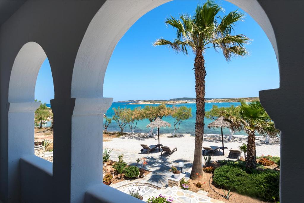 Skats no arkas uz pludmali ar palmām, saulainu zilu debesi un mierīgu ūdeni. Ideāla vieta atpūtai un relaksācijai.