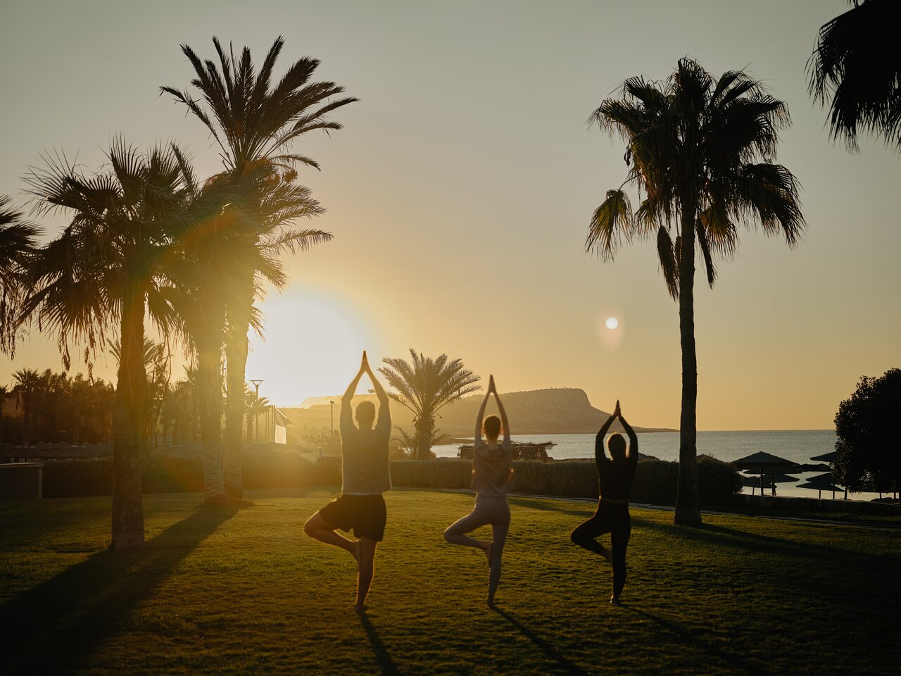 Mare Ayia Napa - joga saulrietā pie jūras palmu ielokā