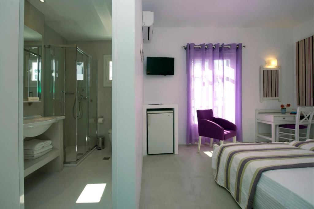 Mūsdienīgs viesnīcas numurs ar vannas istabu, baltām un violetām akcentu krāsām, un ērtu sēdvietu. Numurā ir televizors, rakstāmgalds un neliela ledusskapis.