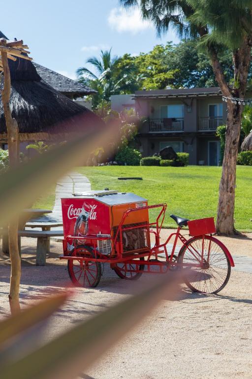 Sarkans velosipēds ar Coca-Cola reklāmu, novietots zaļā parkā ar palmām un ēkām fona.