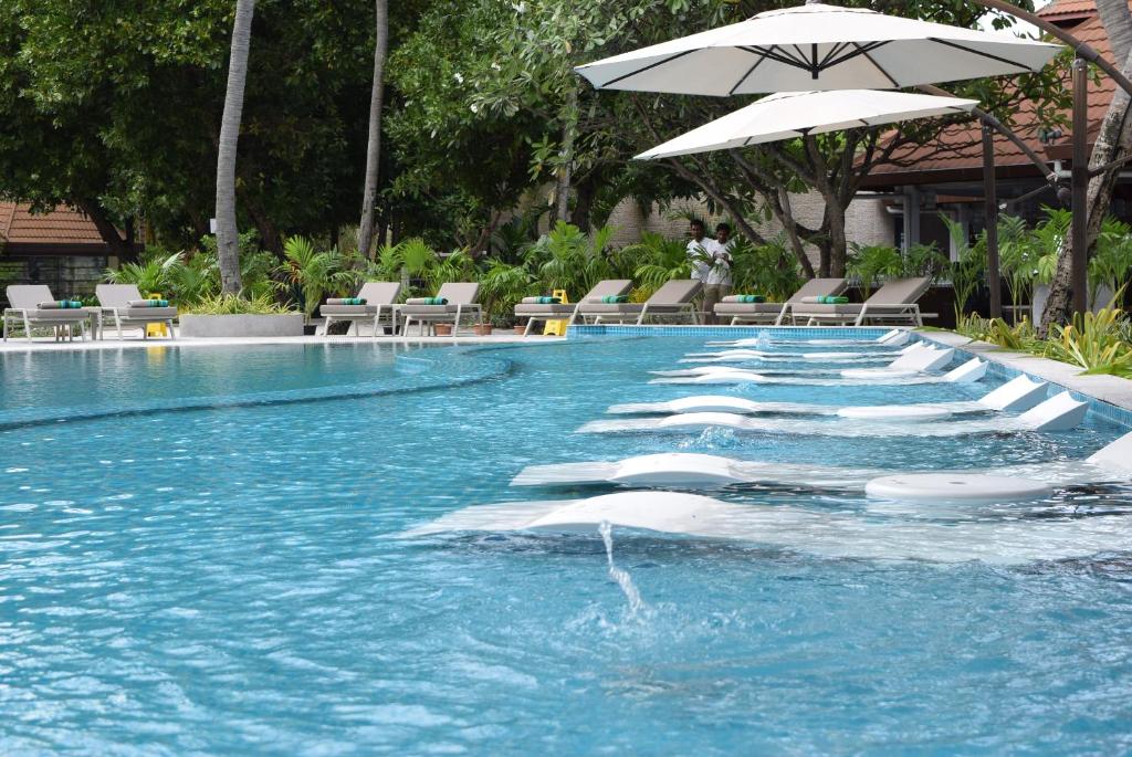 Peldbaseins ar atpūtas krēsliem un saulessargiem, ieskauts zaļiem augiem un kokiem. Ideāla vieta relaksācijai un atpūtai.