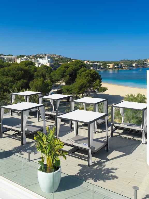 Atklāts pludmales skats ar elegantiem atpūtas gultām un zaļiem kokiem. Zilais debesis un zeltainā pludmale rada ideālu vietu relaksācijai.