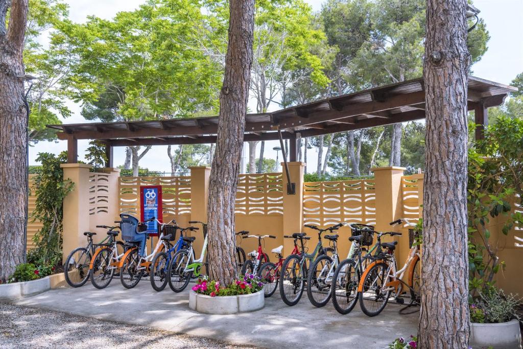 Velosipēdu stāvvieta ar dažādu krāsu velosipēdiem, kas izvietoti zem nojumes starp kokiem. Apkārtne ir zaļa un sakopta, radot patīkamu atmosfēru.