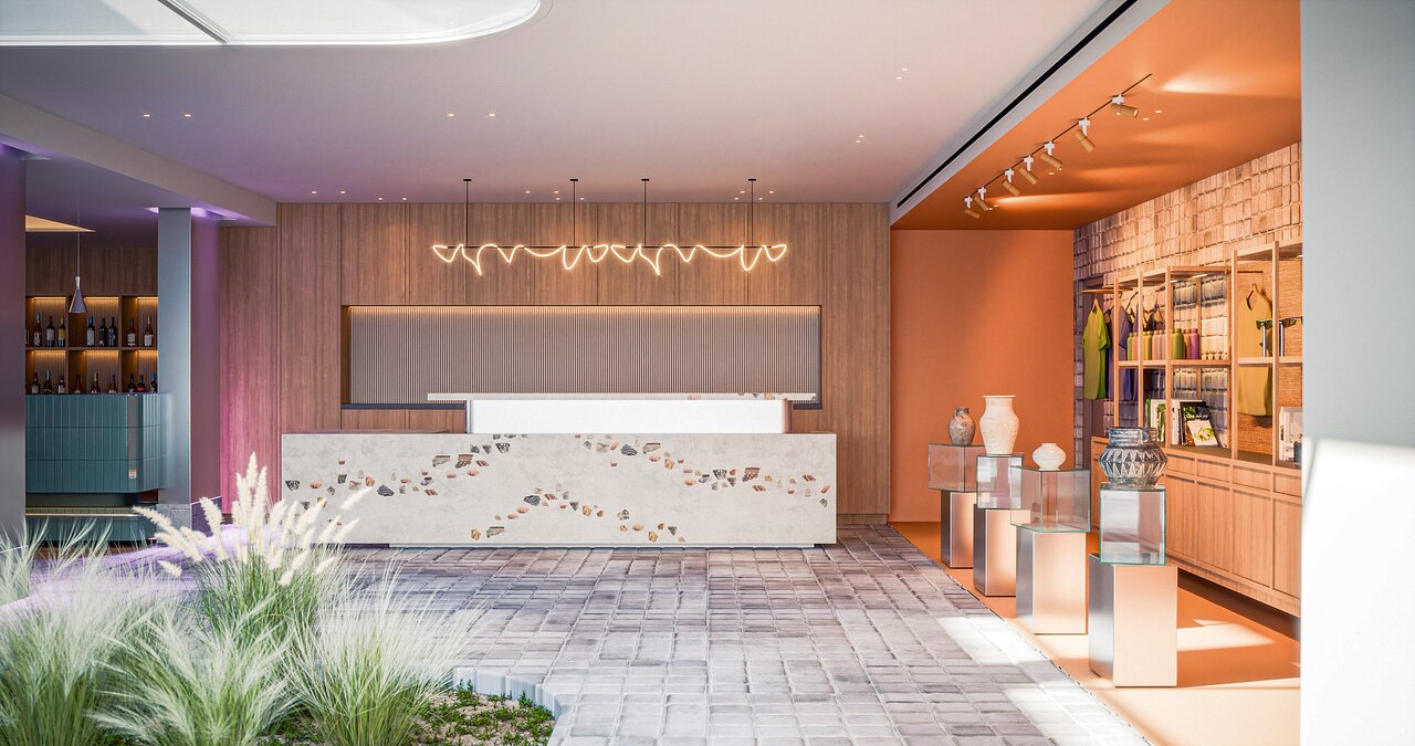 INNSiDE by Meliá Elounda modernais vestibils ar dizaina reģistratūru un veikalu