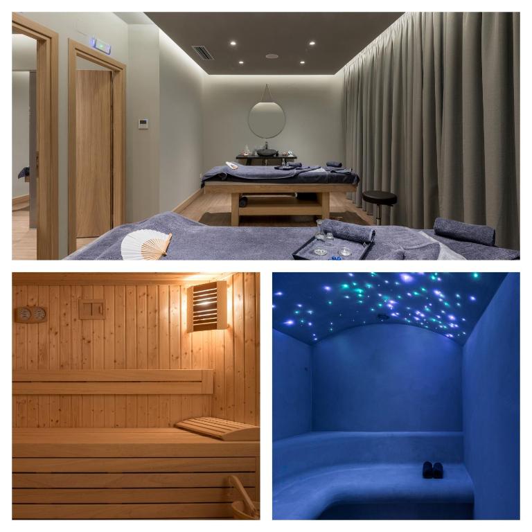 Mūsdienīgs spa centrs ar relaksācijas telpām, saunu un stilu, kas veicina mieru un atpūtu. Attēlā redzamas masāžas gultas, koka sauna un relaksācijas zona ar zvaigžņu debesīm.