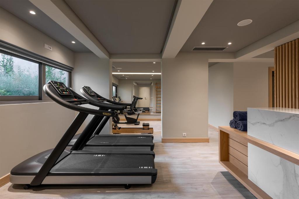 Mūsdienīga trenažieru zāle ar skatu uz dabu, aprīkota ar skrejceliņiem un atpūtas zonu. Ideāla vieta fiziskajai aktivitātei un relaksācijai.