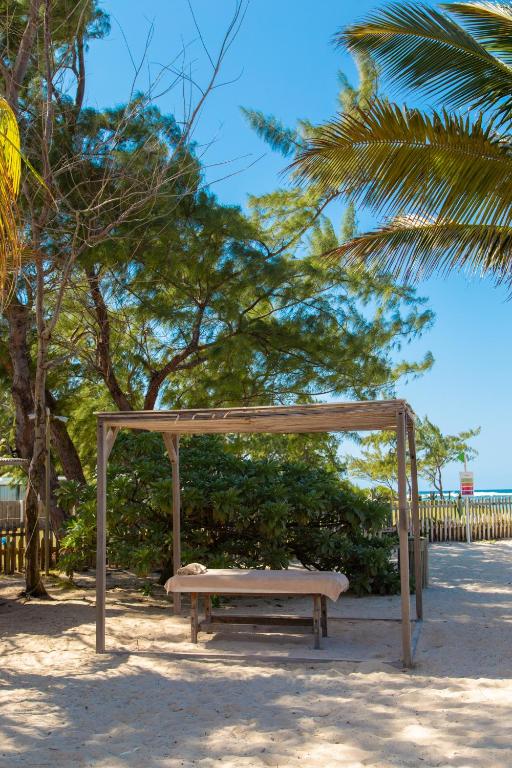 Pludmales atpūtas zona ar koka nojumi starp palmām un kokiem, radot mierīgu atmosfēru. Ideāli piemērota relaksācijai pie jūras.