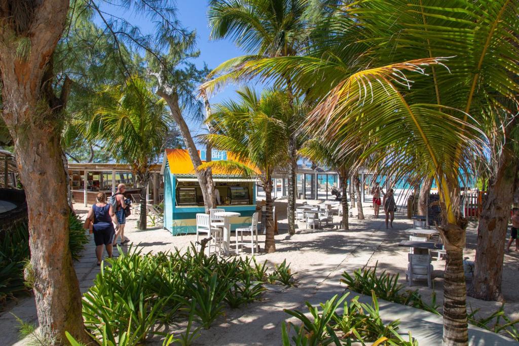 Pludmales kafejnīca ar palmām un atpūtniekiem, kas pastaigājas pa smilšainu teritoriju. Vides gaisotne ir relaksējoša un tropiska.