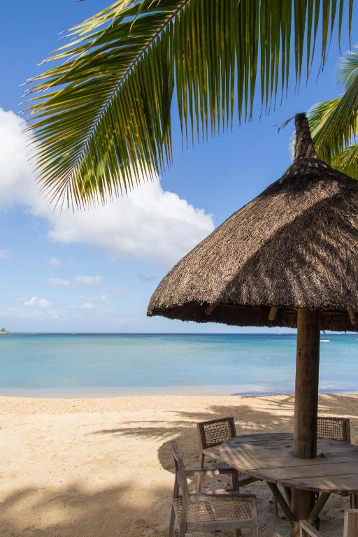 Tropu pludmale ar salmu jumtu un koka galdu, apkārt palmām un mierīgu jūru. Ideāla vieta relaksācijai un atpūtai.