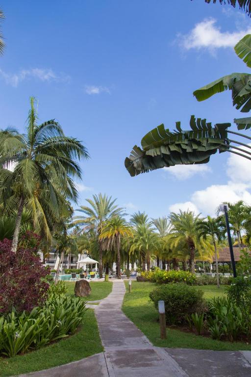 Zaļš dārzs ar palmām un citiem tropiskiem augiem, kas ved uz pastaigu celiņu, kas stiepjas cauri kūrorta teritorijai. Skaists zils debesis un saulains laiks rada relaksējošu atmosfēru.