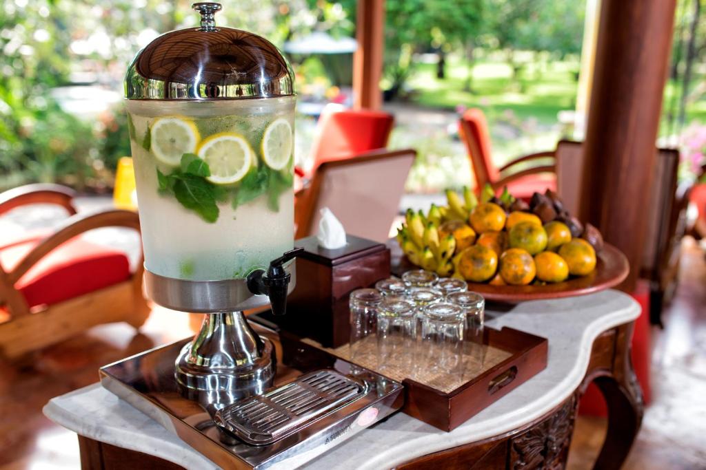 Atsvaidzinoša dzēriena dozators ar citrona un piparmētru šķidrumu, blakus augļu grozs ar banāniem un citām sulīgām augļiem, elegantā terases vidē.