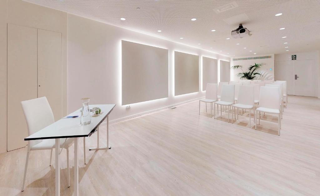 Gaiša un moderna sanāksmju telpa ar baltām sienām, baltām krēslām un garu galdu, uz kura atrodas ūdens karafe un augs. Telpā ir uzstādīts projektors un apgaismojums, kas akcentē vienkāršo un eleganto dizainu.