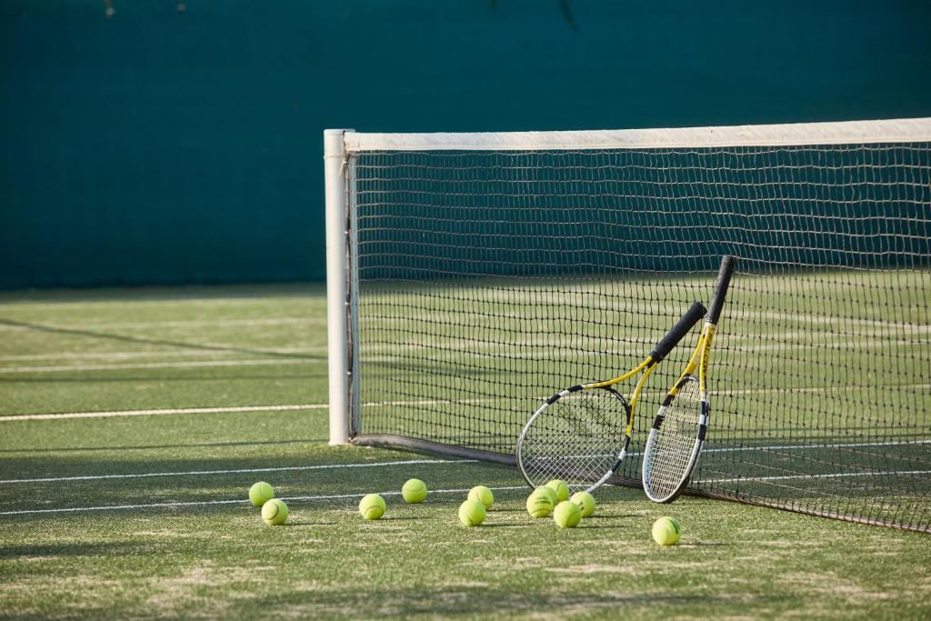 Tennisa raketes un bumbas uz zaļā laukuma pie tīkla.