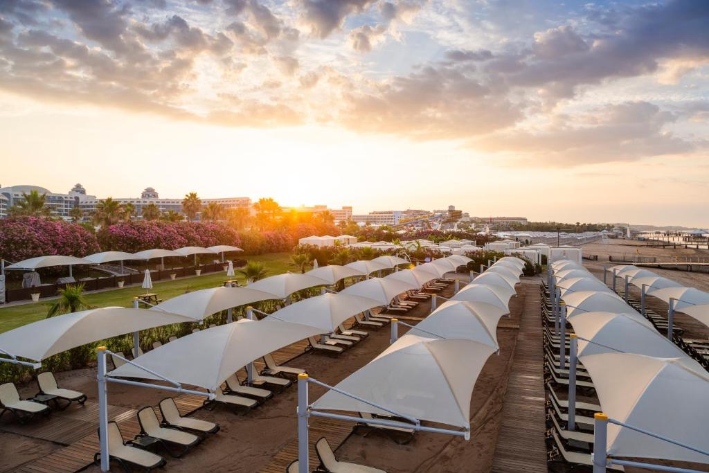 Pludmales atpūtas zona ar saulrieta skatu, kur redzami sauļošanās krēsli un balti nojumes. Apkārt bagātīga zaļumā un krāsainām puķēm, radot relaksējošu atmosfēru.